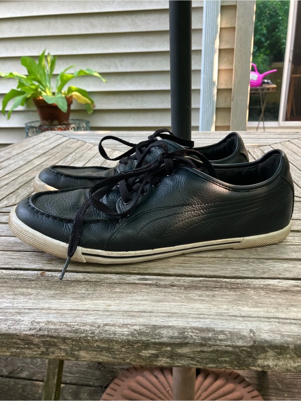 Puma Men's Black Leather Boat Shoes with White Trim